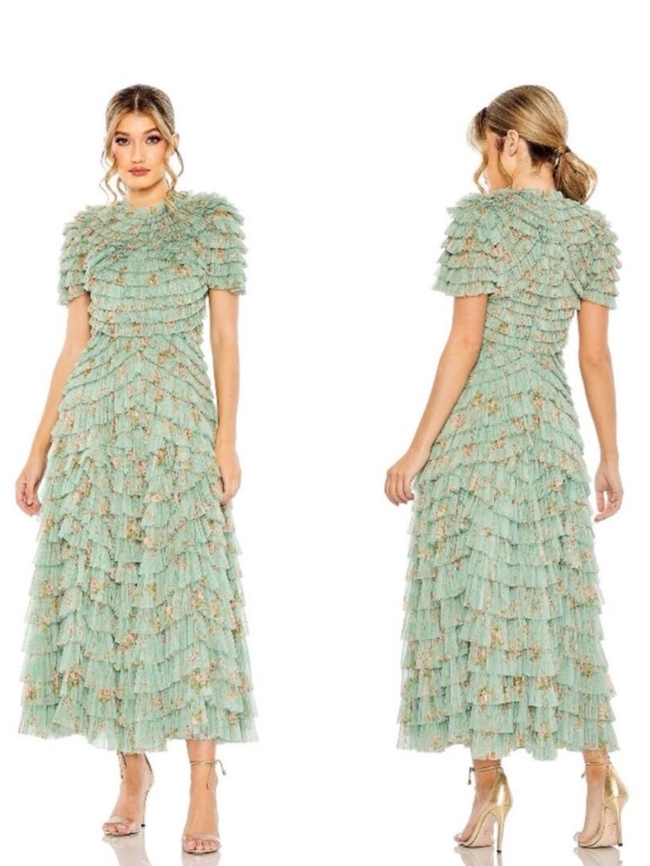 Mac Duggal 8014 Green Floral Mesh Ruffle High Neck Midi Dress Nwt Size 10